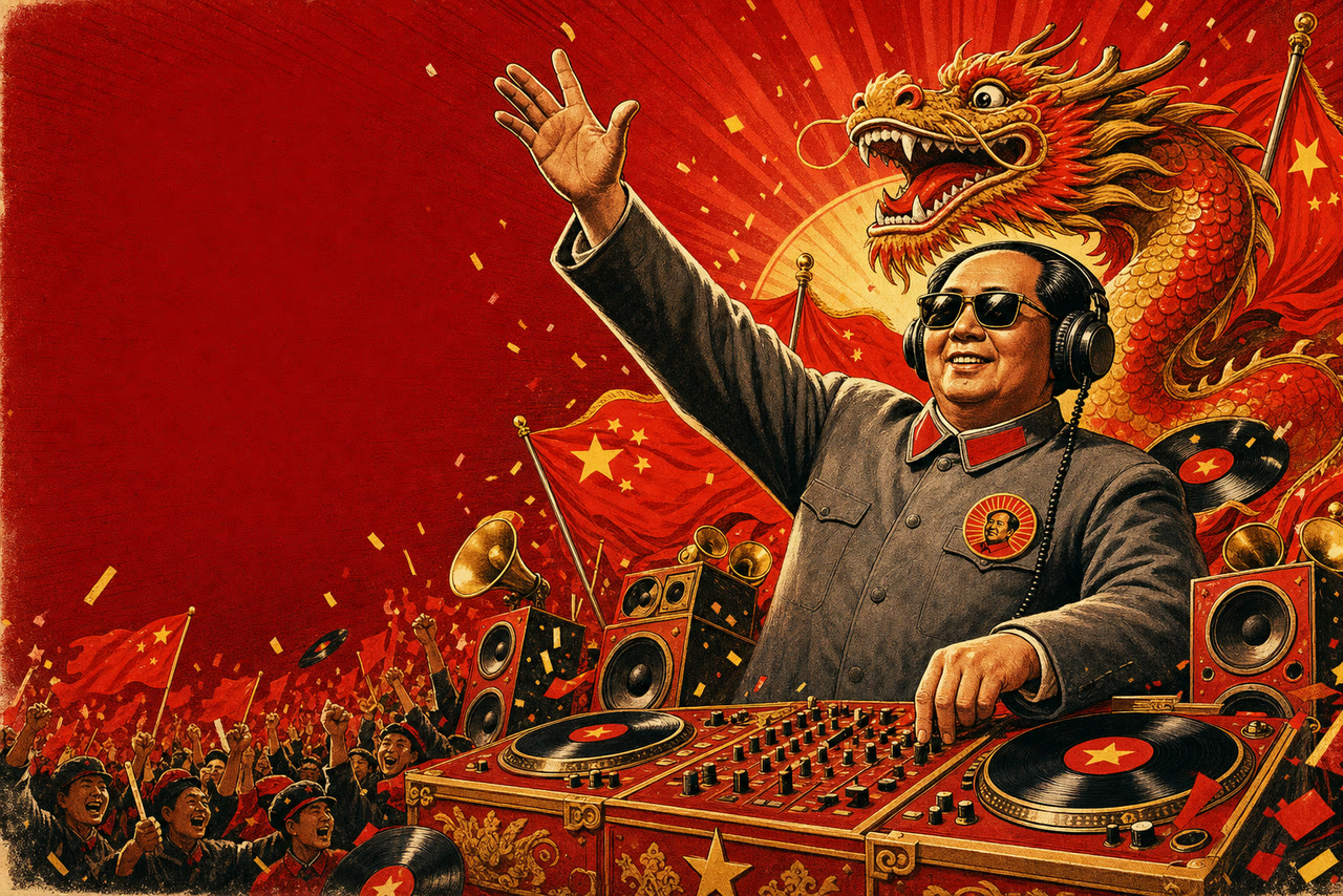 Comicartige Meme-Illustration von Mao Zedong als DJ vor roten Flaggen und einem chinesischen Drachen.